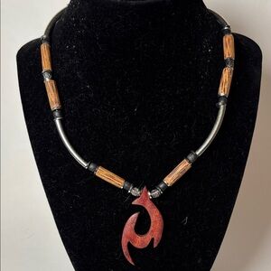 Artisan Tribal Style Carved Wooden Flame Pendant on beaded Necklace 17”